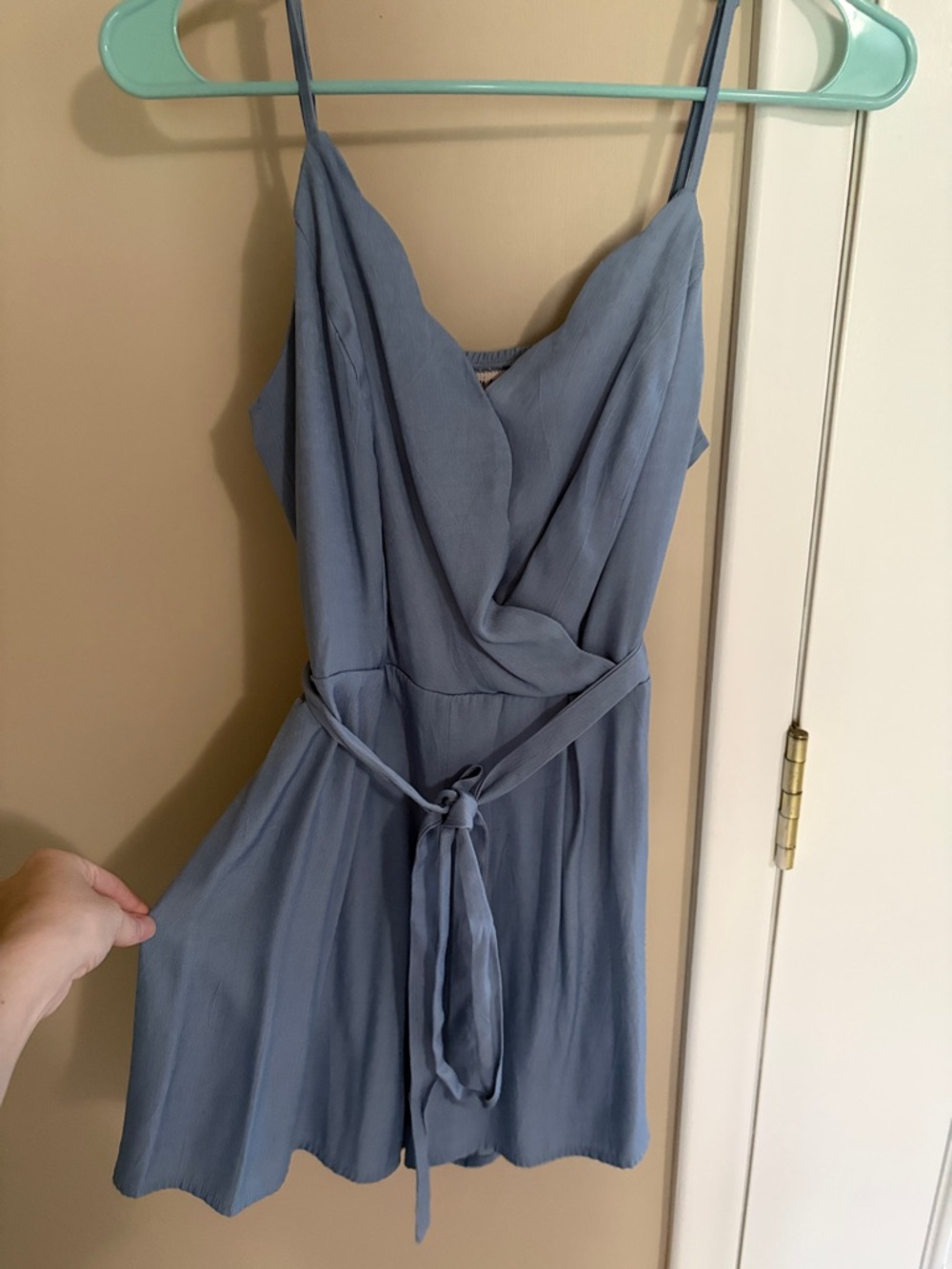 Blue Spaghetti‑Strap Wrap Dress with Waist Tie